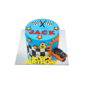 Racing-themed birthday cake with blue frosting, checkered flags, red stars, flame tunnel, race car, and name Jack.