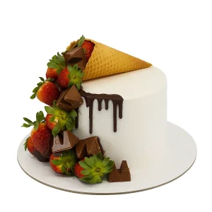 White cake with inverted waffle cone spilling strawberries and chocolate chunks, dark chocolate drizzle, and smooth frosting.