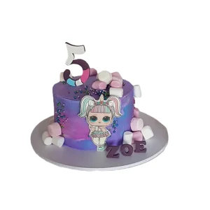 Purple and blue gradient birthday cake with marshmallows, sprinkles, unicorn doll topper, number 5, and name Zoe.
