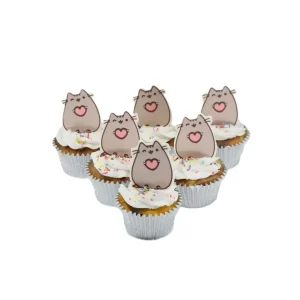 Pusheen cat cupcakes with white frosting, colourful sprinkles, and cartoon toppers in silver foil wrappers.