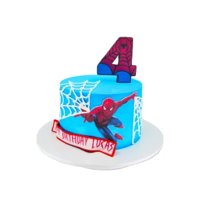 Spiderman-themed birthday cake with blue frosting, white web designs, action pose topper, red number 4, and “Happy Birthday Lucas” banner.