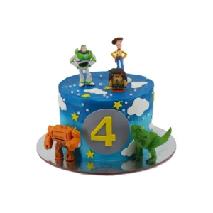 Toy Story-themed two-tier cake with blue icing, white clouds, yellow stars, and character figurines including Buzz, Woody, and Rex