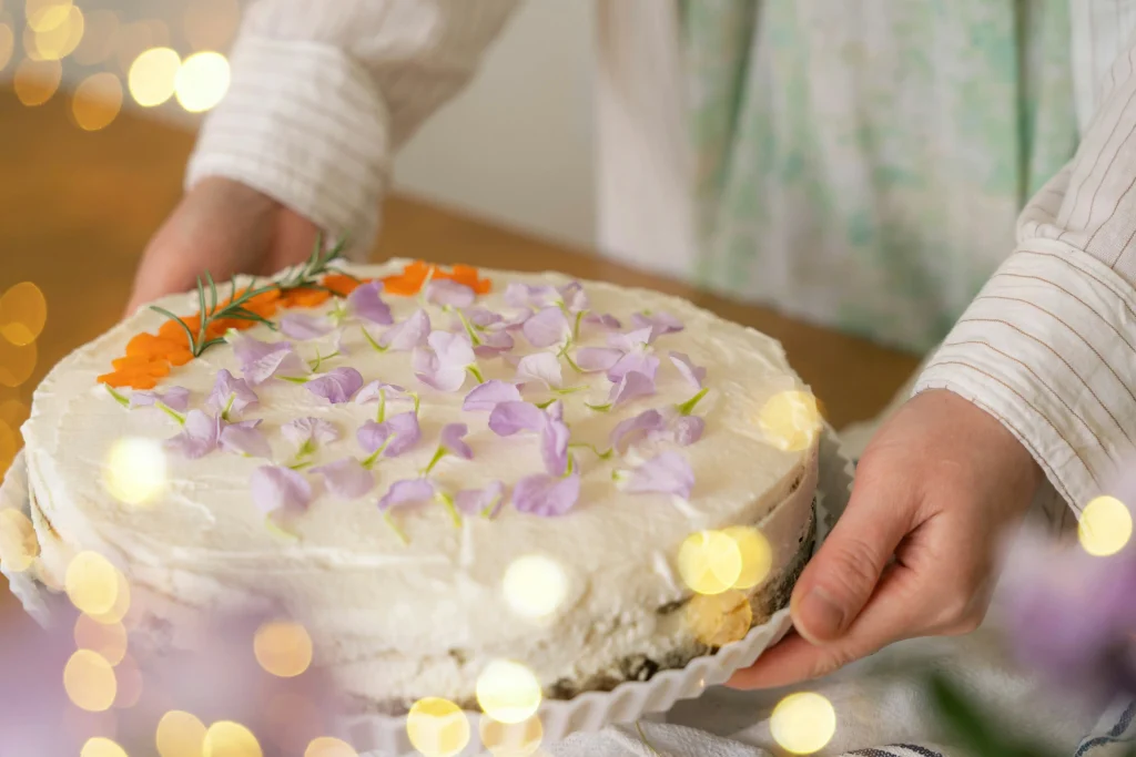 Buttercream cake nicely decorated with lavender petals