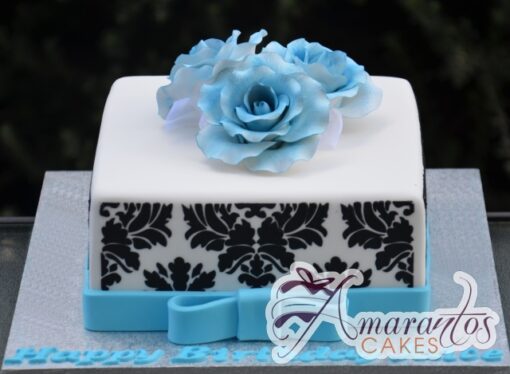 Square With Damask and Roses Cake - Amarantos Designer Cakes Melbourne