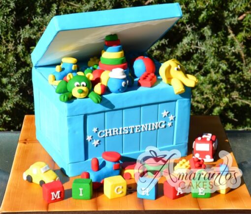 Two tier with Christening Toy Box - CC24 - Amarantos Cakes Melbourne