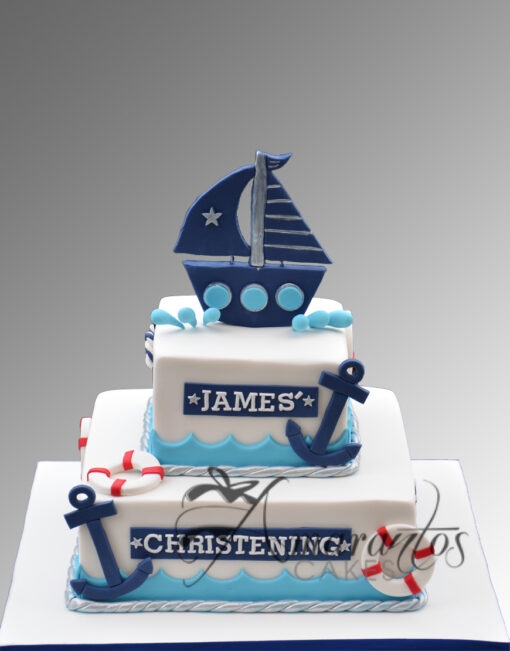 Two tier Christening cake with sail boat - CC25