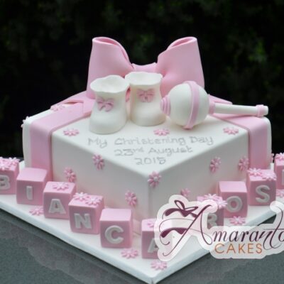 Square with Booties and Rattle Cake - Amarantos Designer Cakes Melbourne